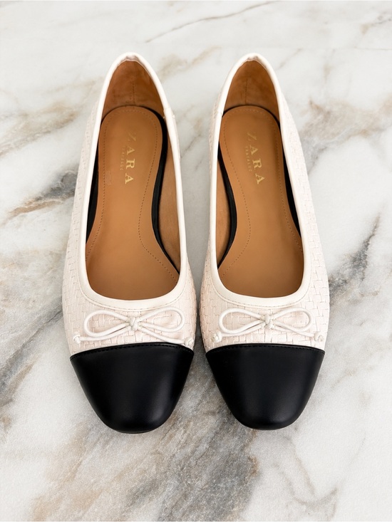 Zara Shoes - ZARA Cap Toe Ballet Flats Cream Black Size 38 Spring🤍